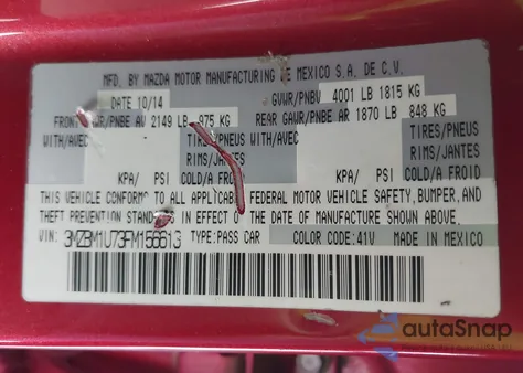 2015 Mazda Mazda3 I Sport from USA, damaged, VIN 3MZBM1U73FM156613